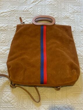 Clare V Suede Brown Backpack with Pink Handle and Center Red-Blue Stripe